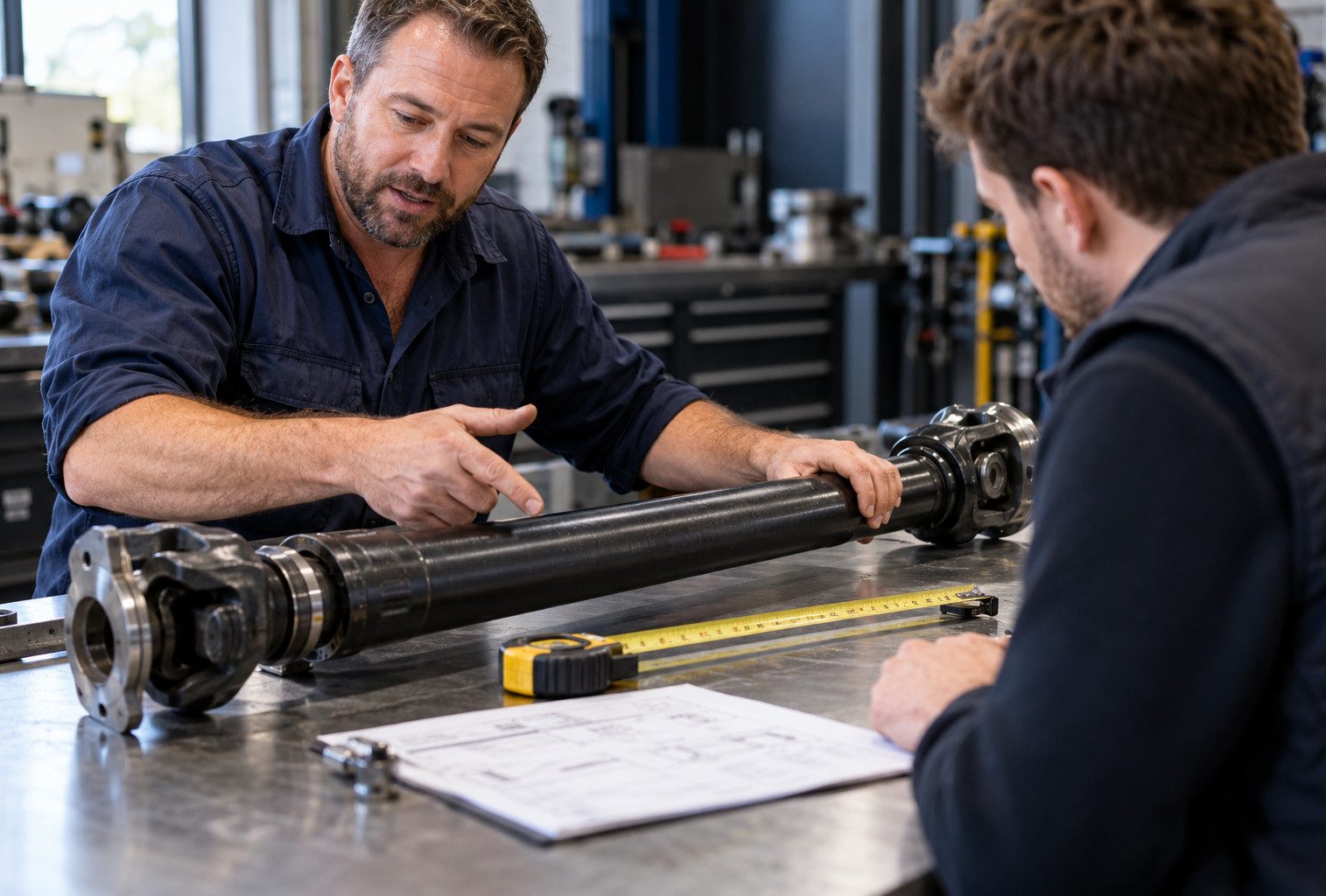 Driveline specialists reviewing a custom tailshaft order
