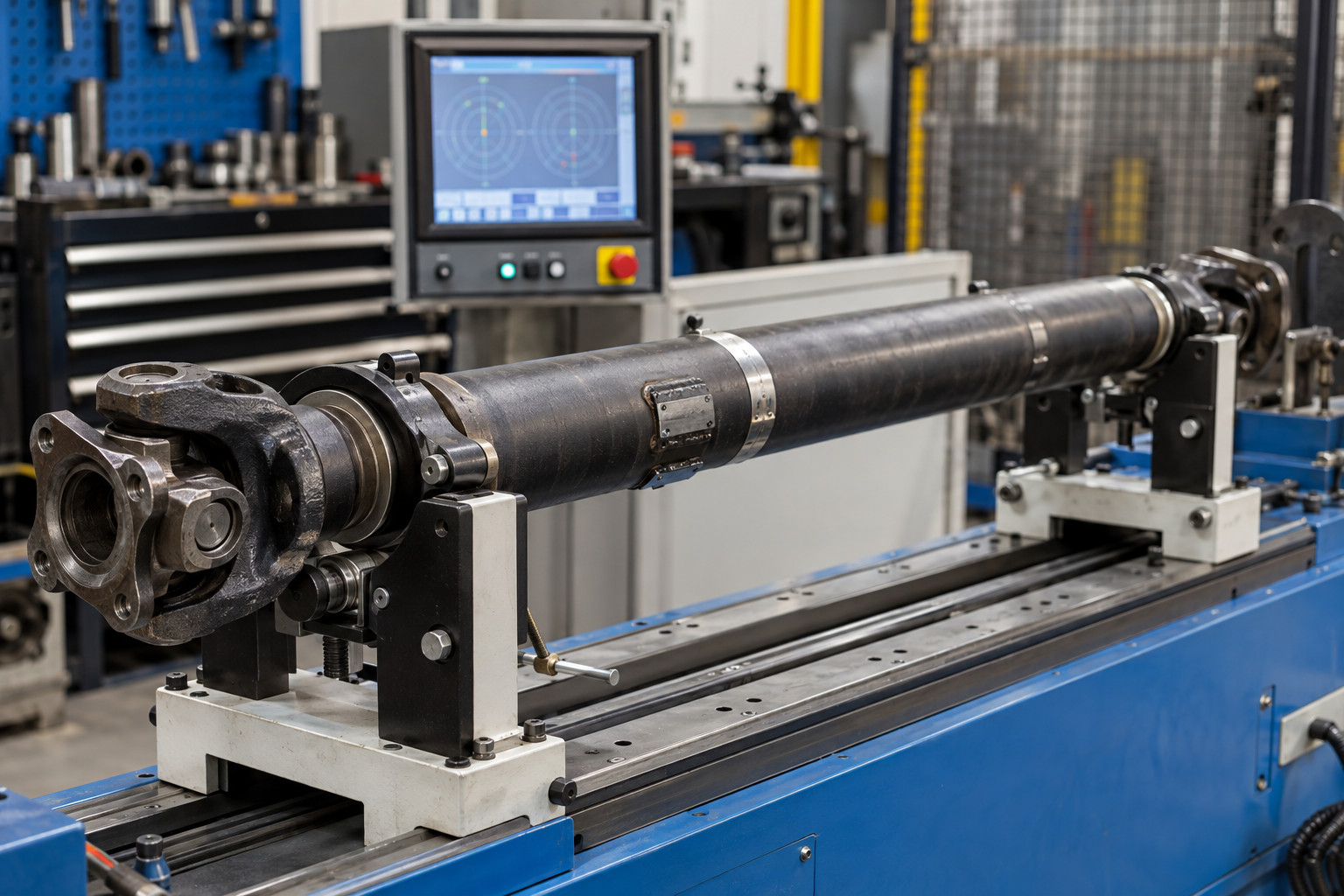 Tailshaft mounted on a workshop balancing machine