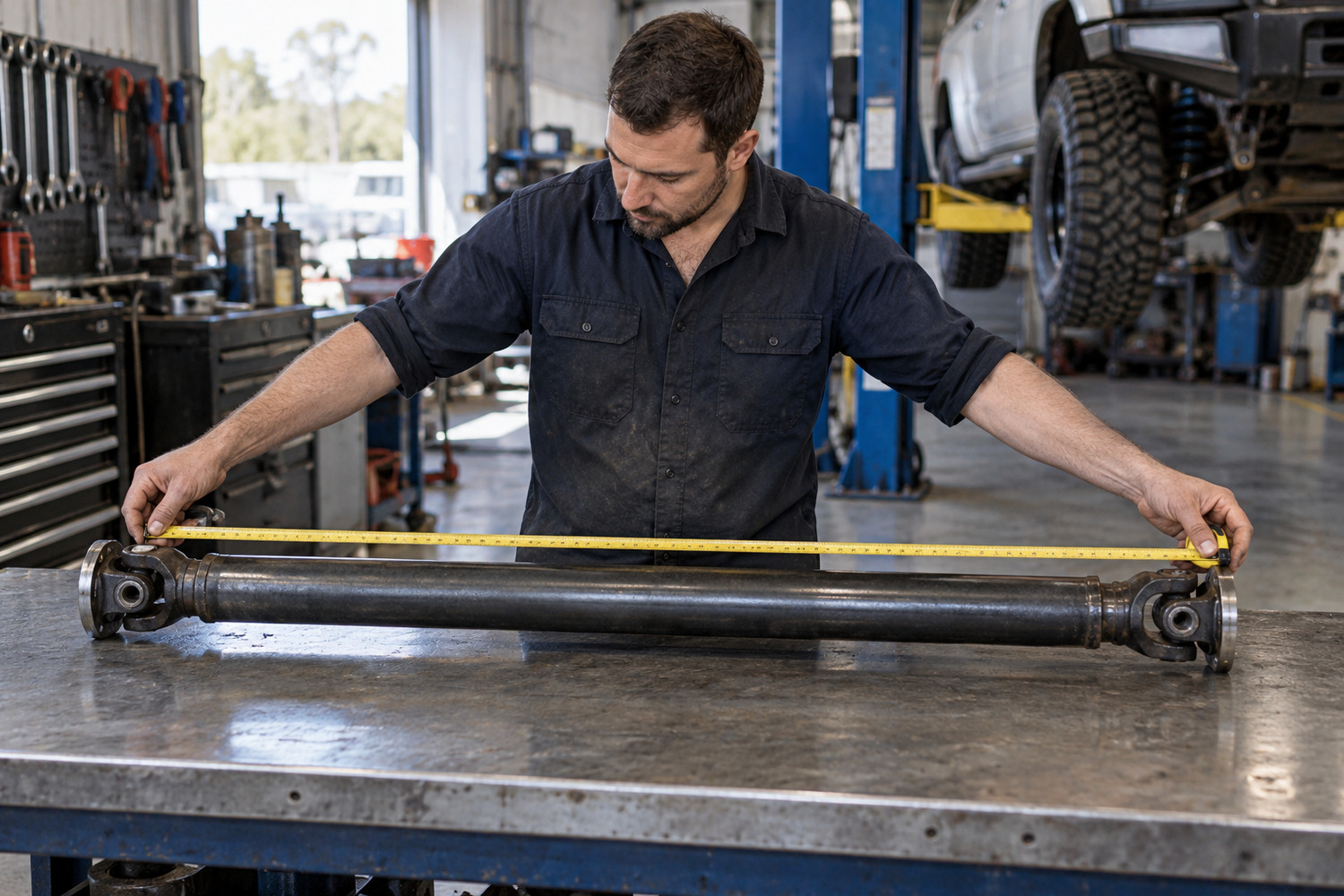 Mechanic measures a complete tailshaft from one end fitting to the other.