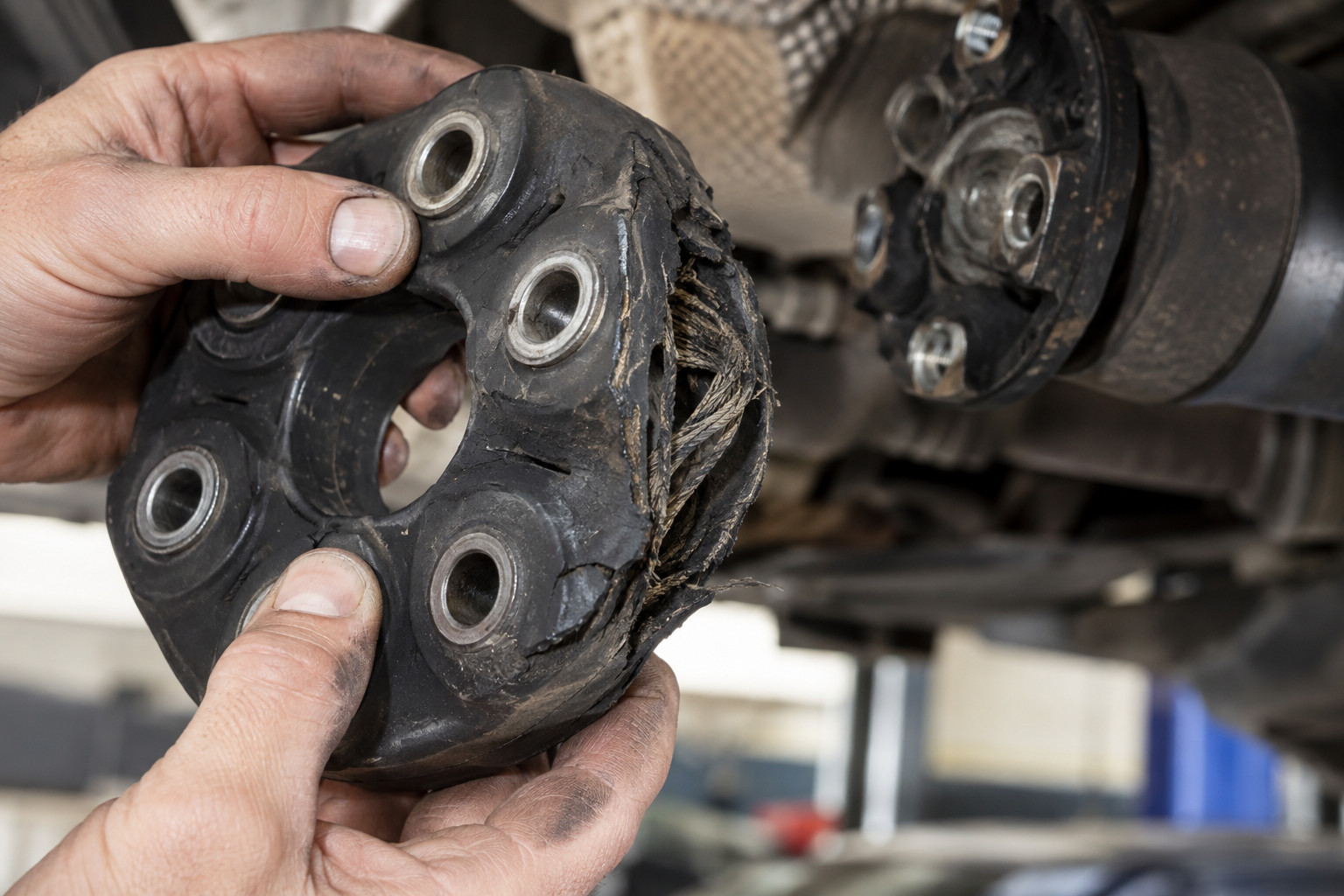 Torn rubber tailshaft coupling held for inspection
