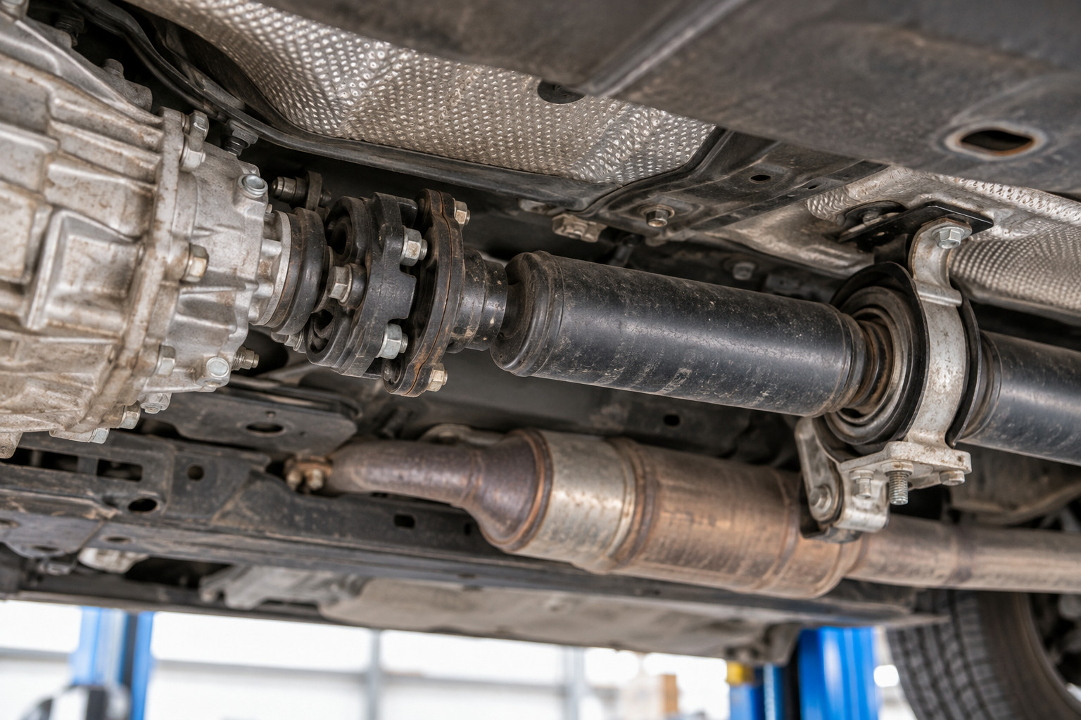 Two piece tailshaft and centre bearing beneath a vehicle