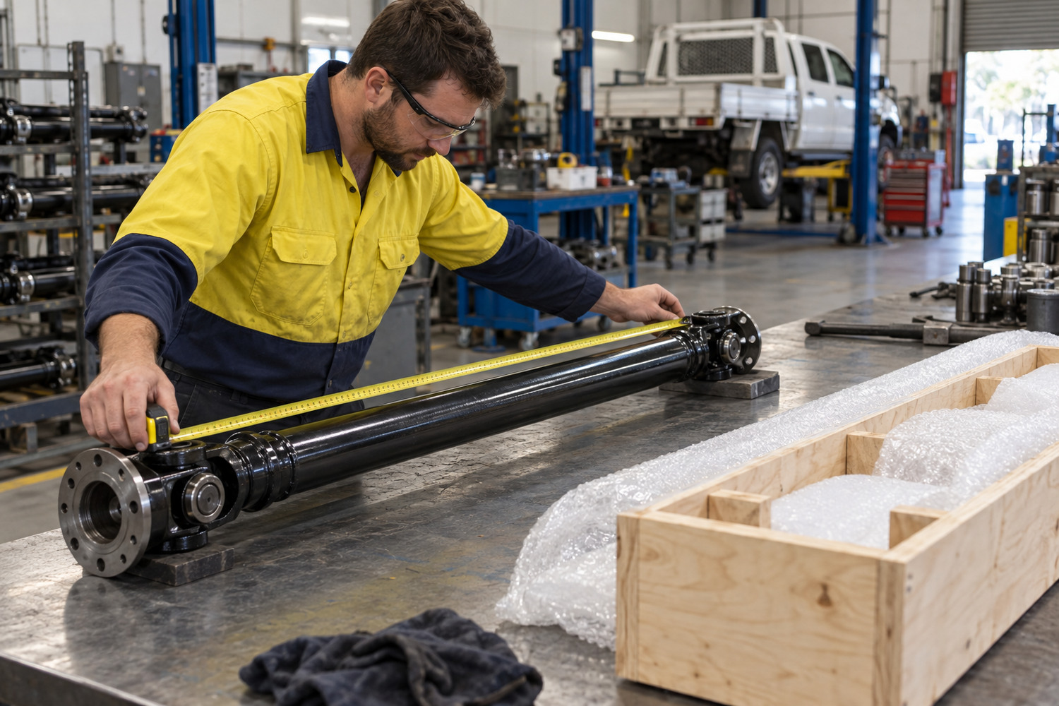 Technician confirms a tailshaft length before packing it for freight.