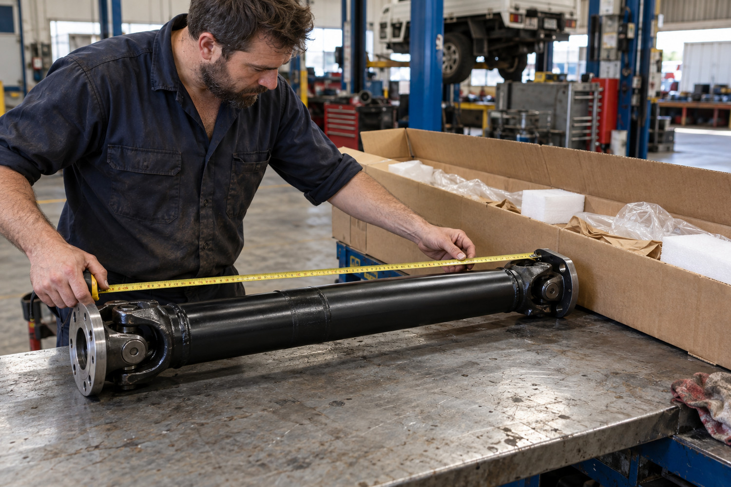Mechanic checks a delivered tailshaft against a tape measure beside its packaging.