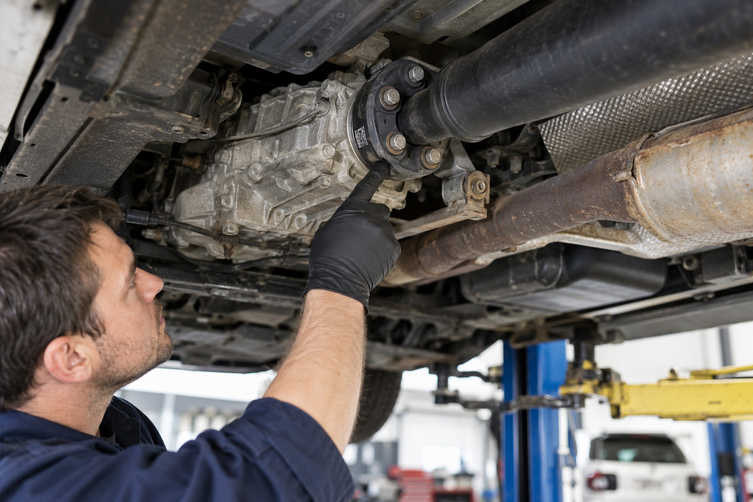 Technician inspecting a tailshaft coupling beneath a vehicle