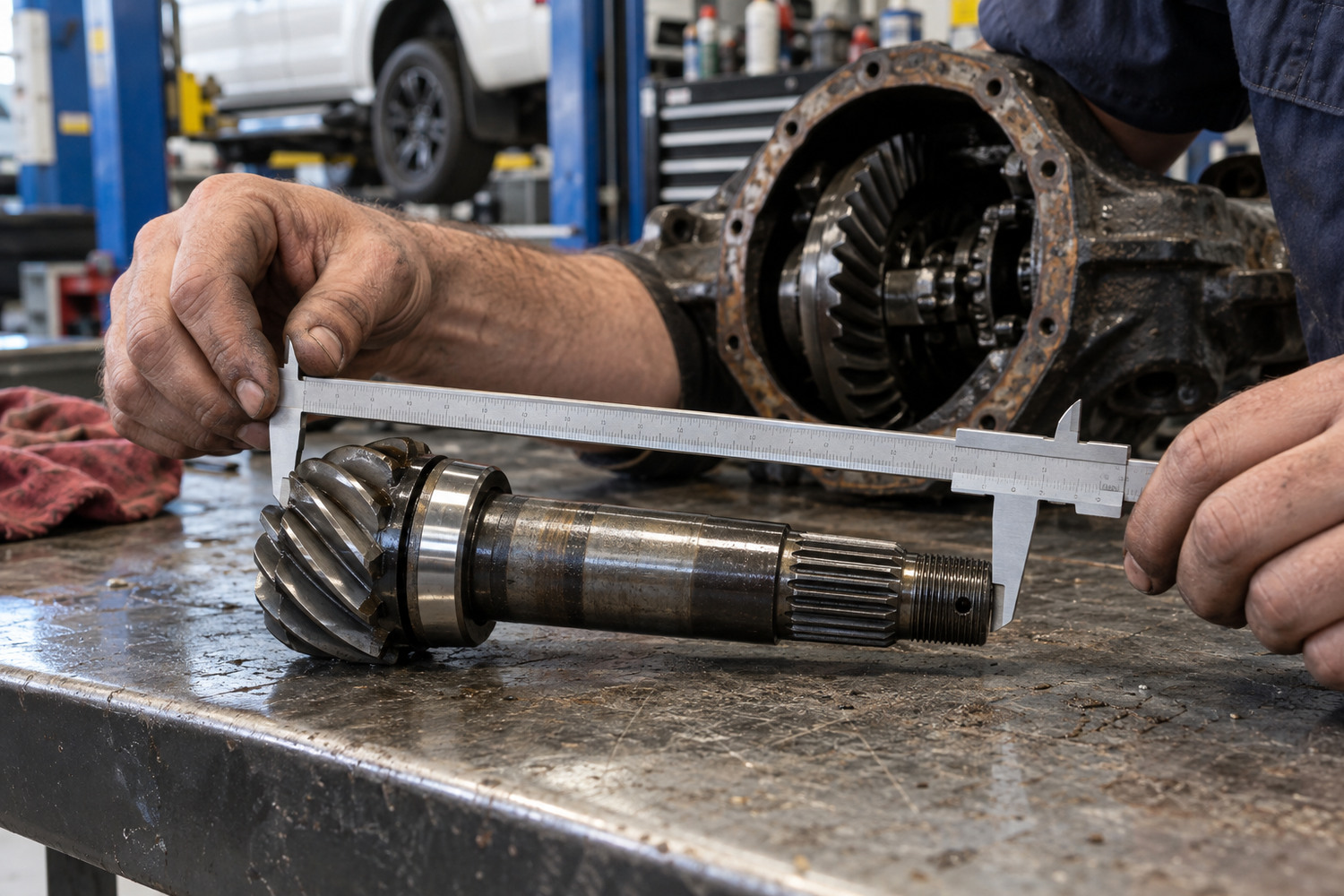 Mechanic measures the shaft of a differential pinion with a caliper.