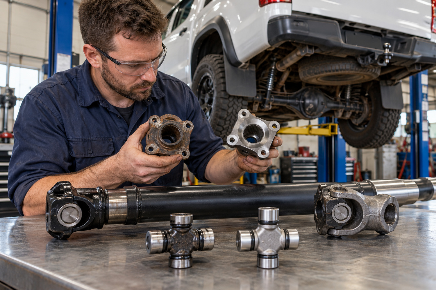 Technician compares tailshaft end fittings with a vehicle differential flange.