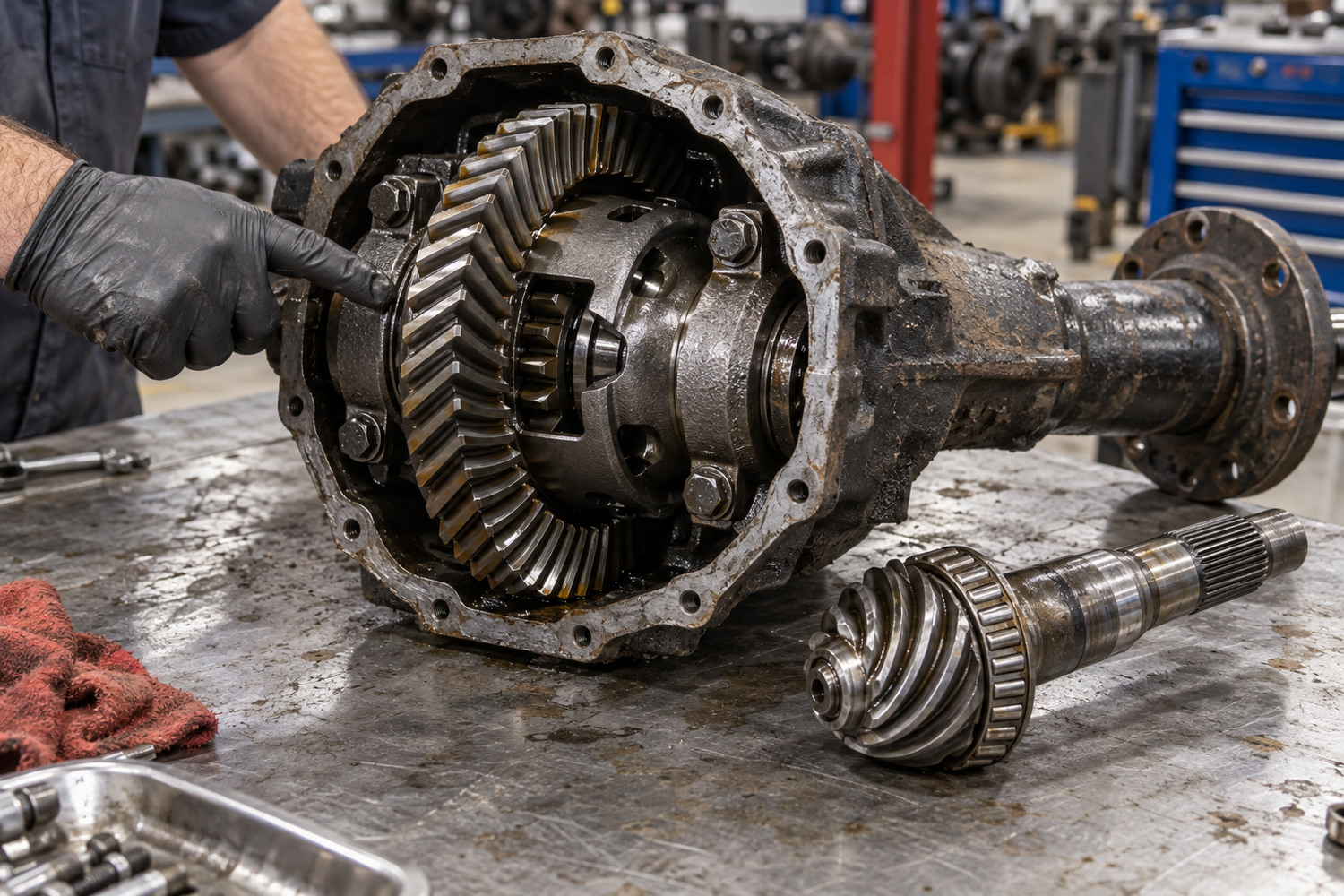 Open differential centre with crown wheel and pinion on a workshop bench.