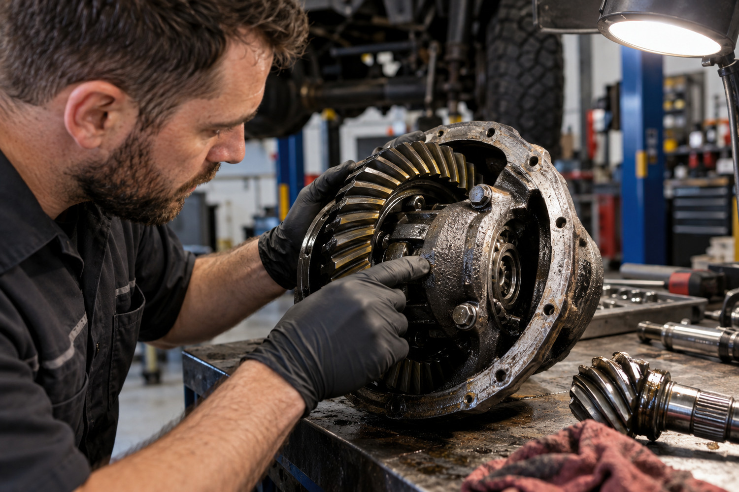 Technician examines markings on a removed differential centre.
