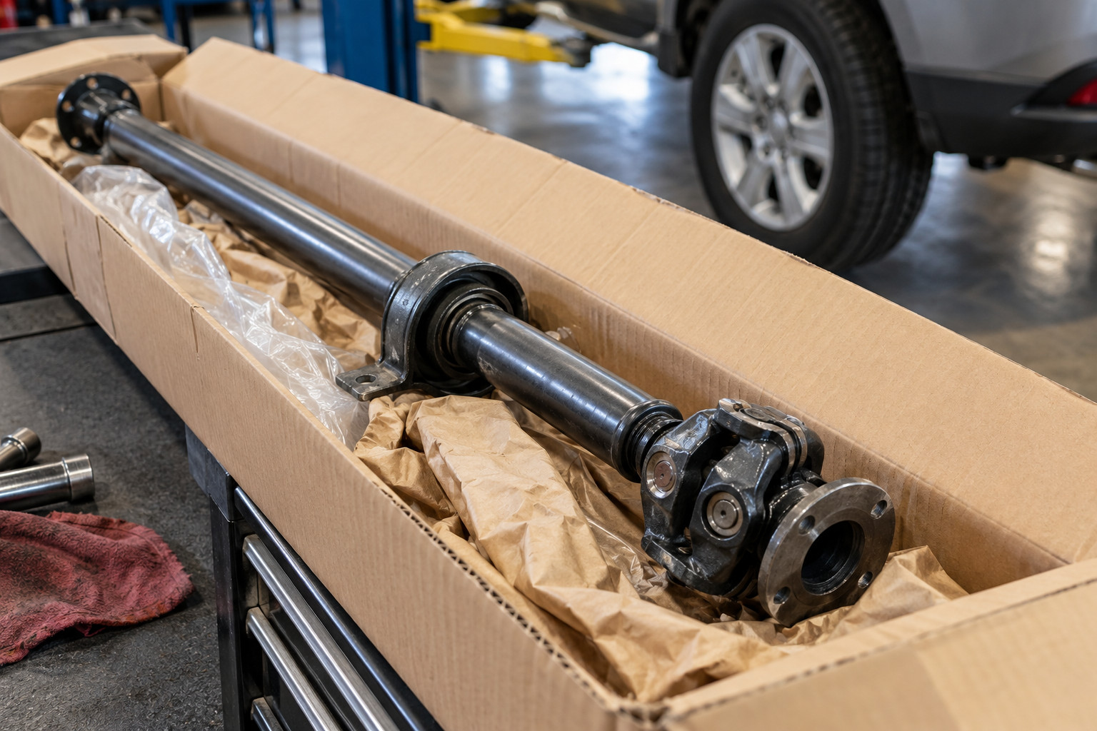 Replacement tailshaft assembly resting in protective packaging
