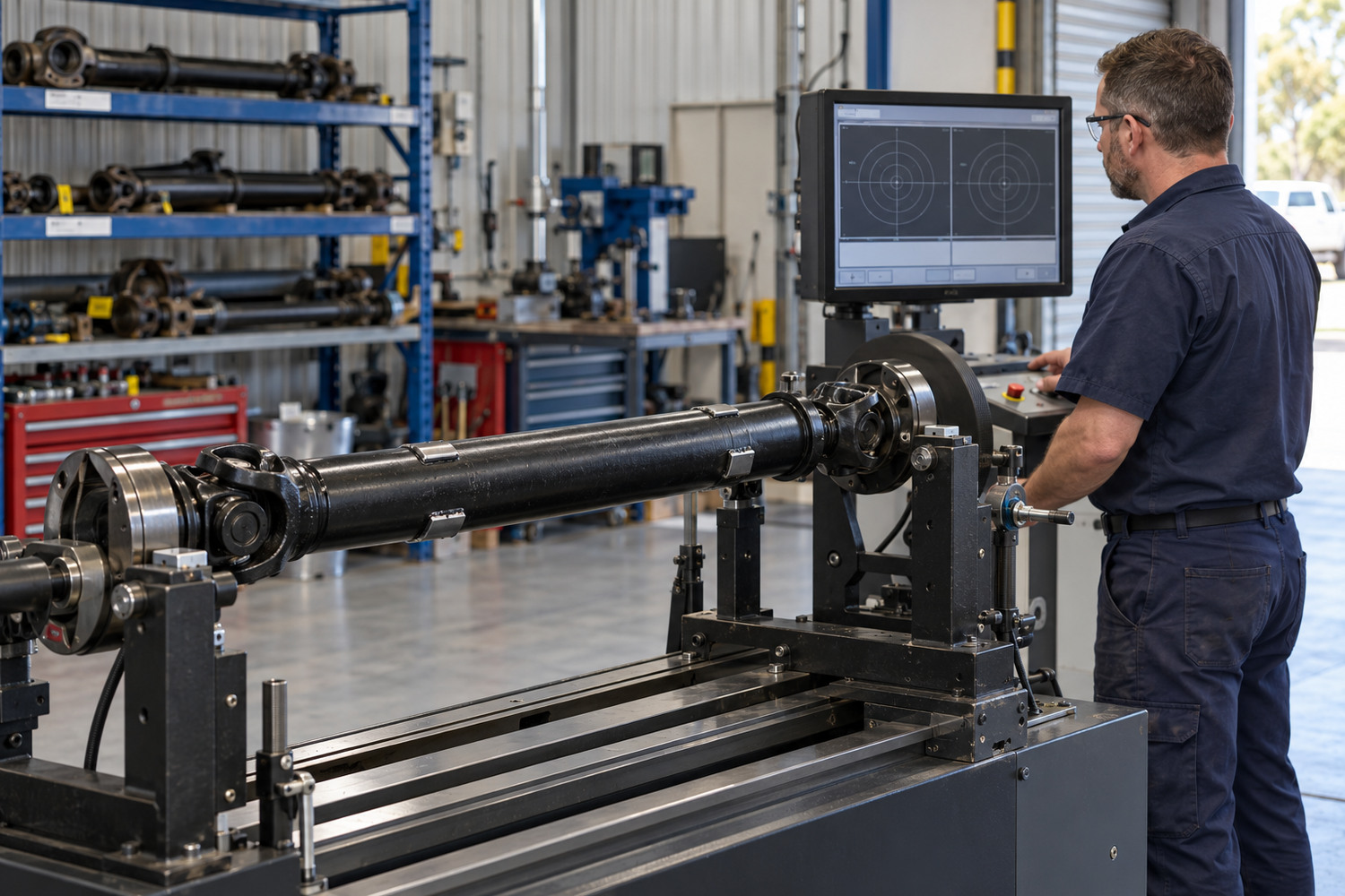 Tailshaft secured on a dynamic balancing machine in a driveline workshop.
