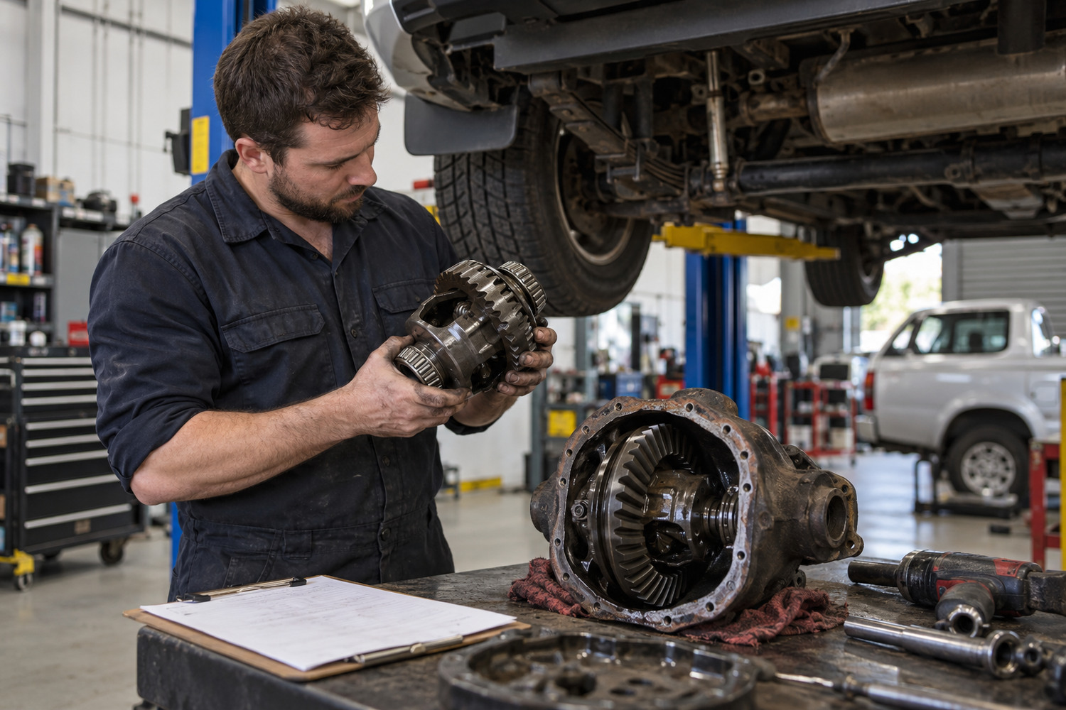 Technician checks a removed differential centre beside a ute on a hoist.