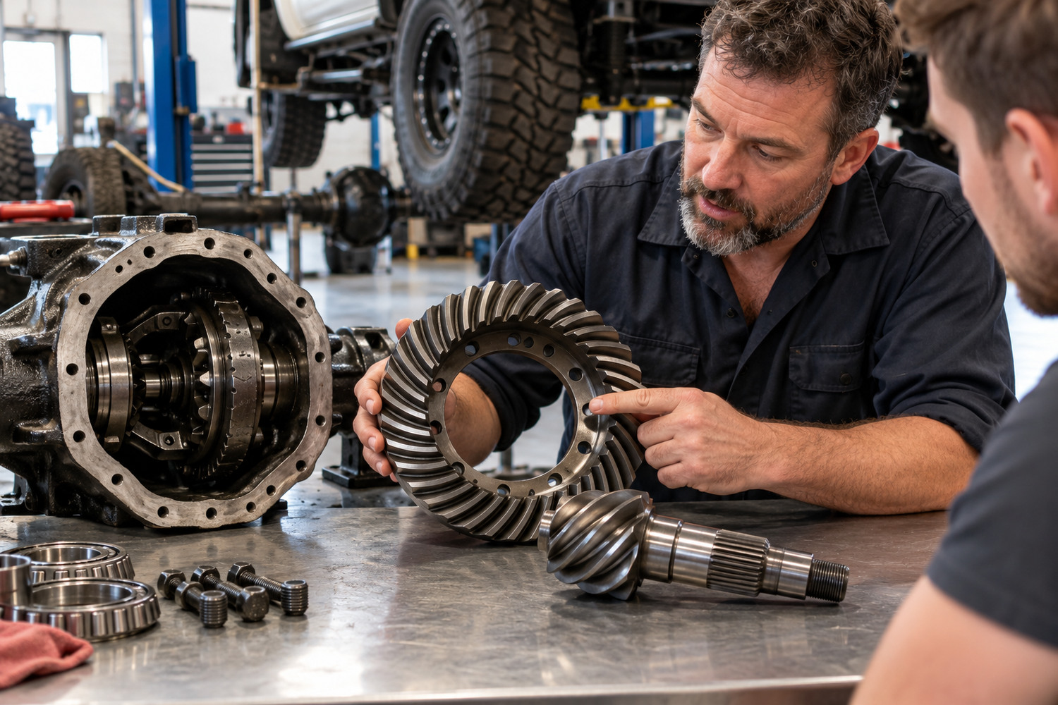 Two mechanics discuss a crown wheel and pinion on a workbench.
