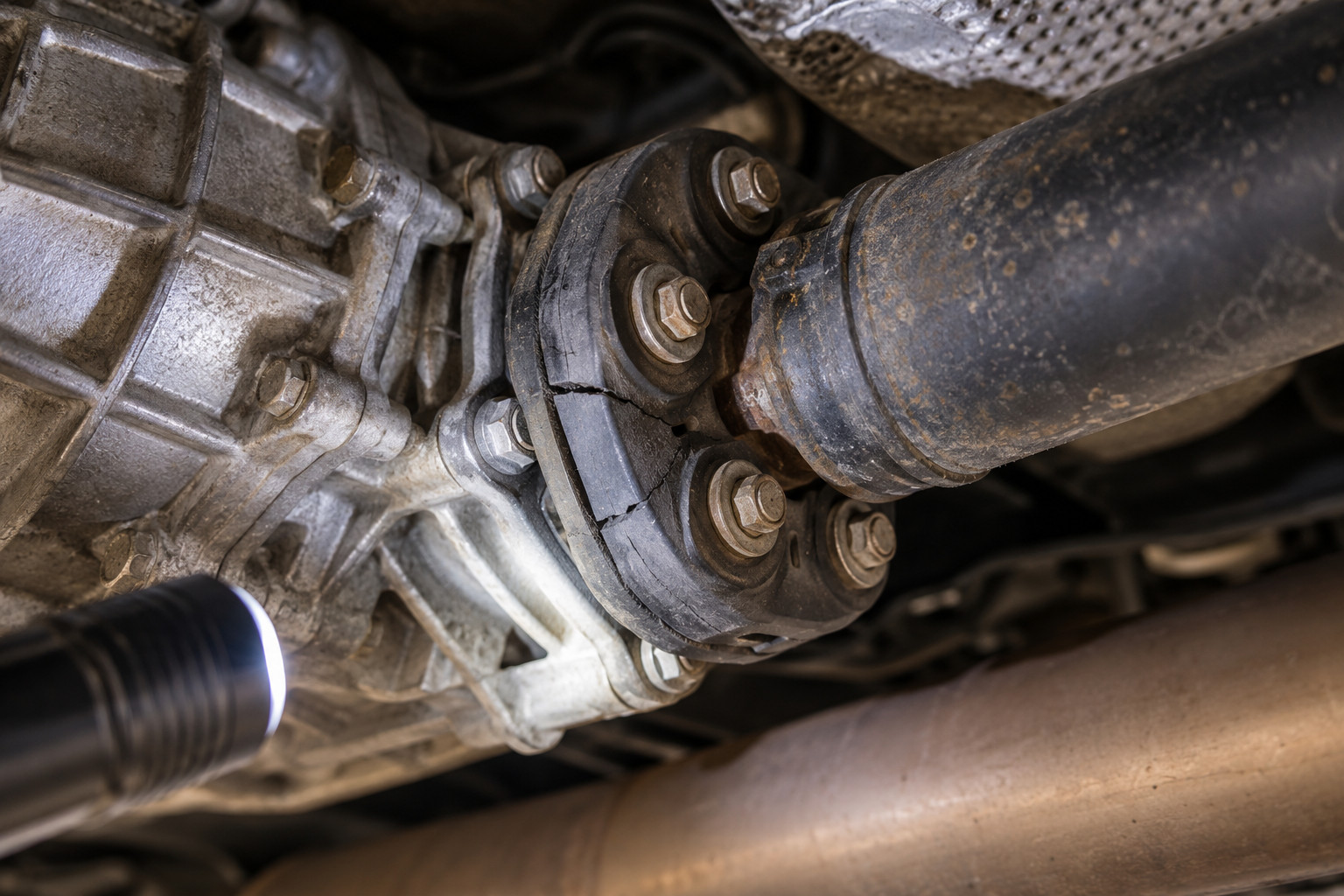 Close view of a worn flexible coupling beneath a vehicle