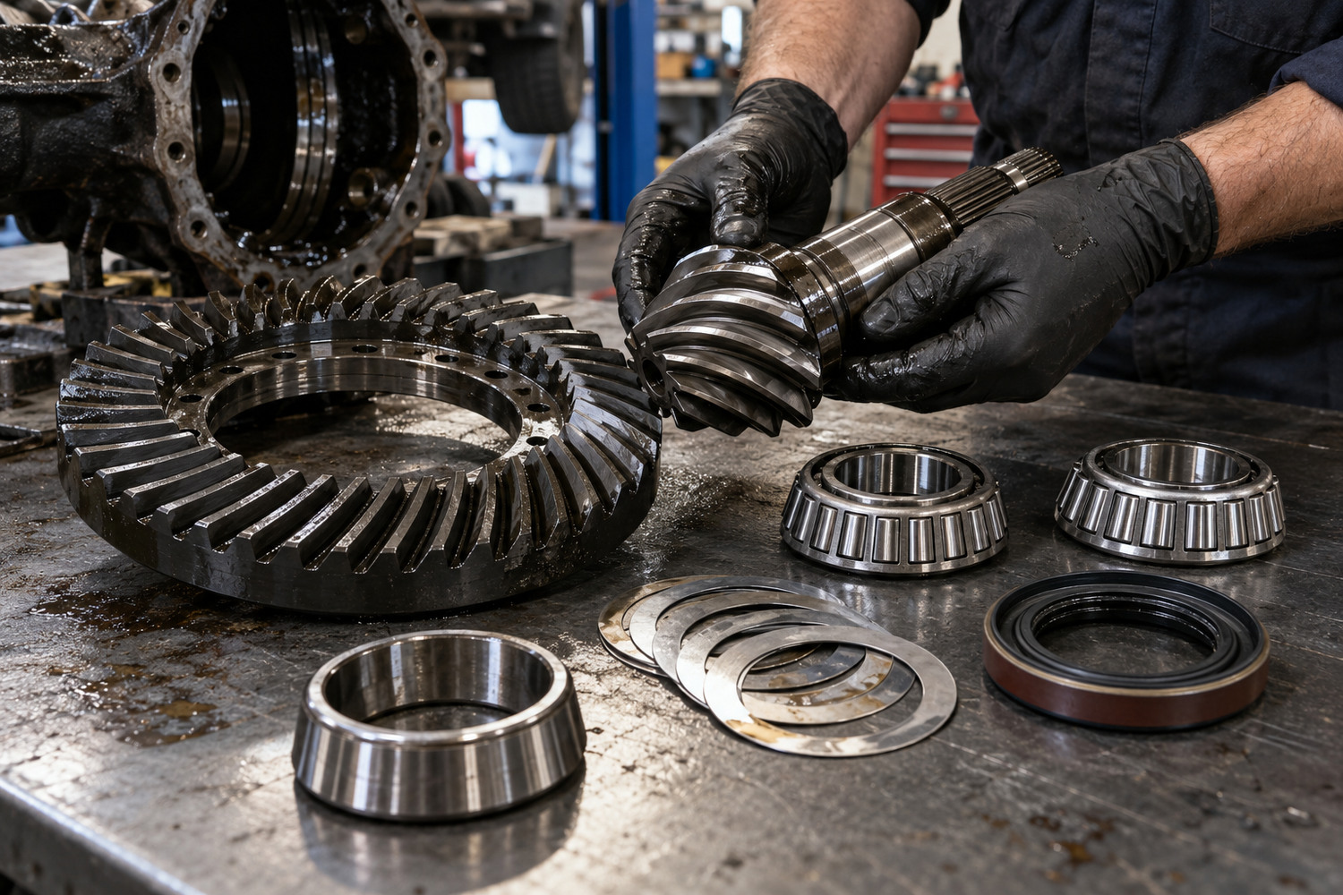Ring gear and pinion sit beside separate bearings, shims and a seal.