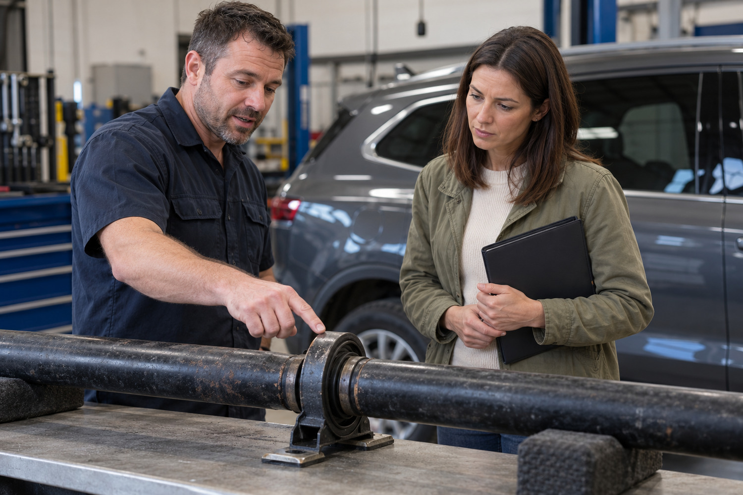 Technician discusses a tailshaft centre support with a customer holding vehicle records.