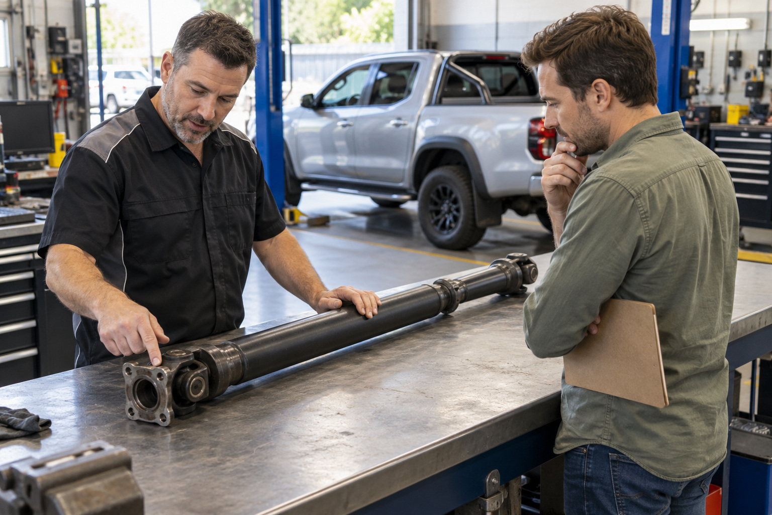 A specialist discusses a tailshaft with a customer at a workshop bench, with a dual-cab ute behind them.