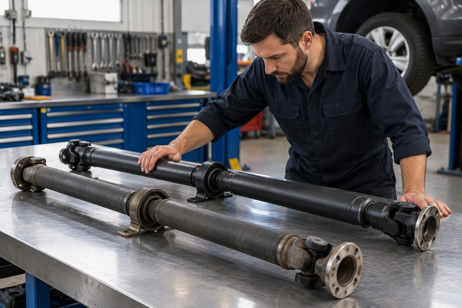 Specialist checks the mounting bracket and rubber-isolated centre support around a removed tailshaft.