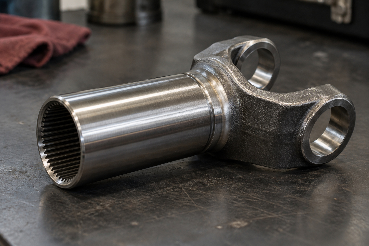 A transmission slip yoke on a workbench shows its internally splined barrel and universal-joint fork.