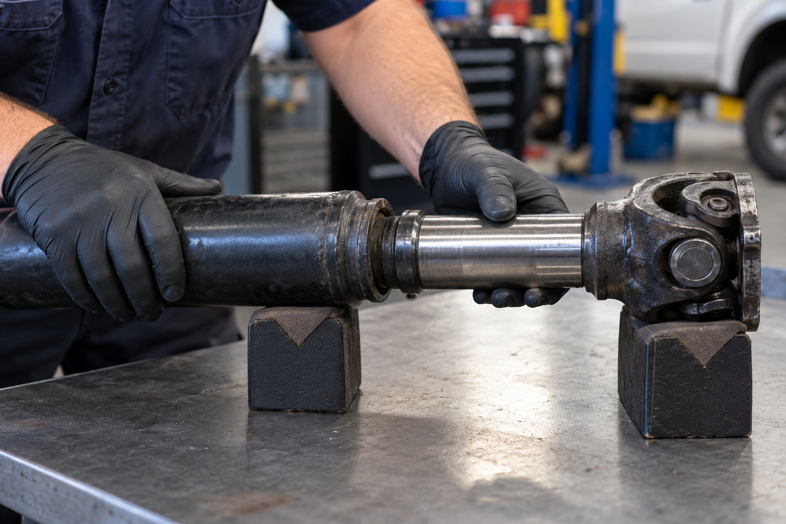Gloved hands inspect the sliding end of a tailshaft supported on workshop V-blocks.