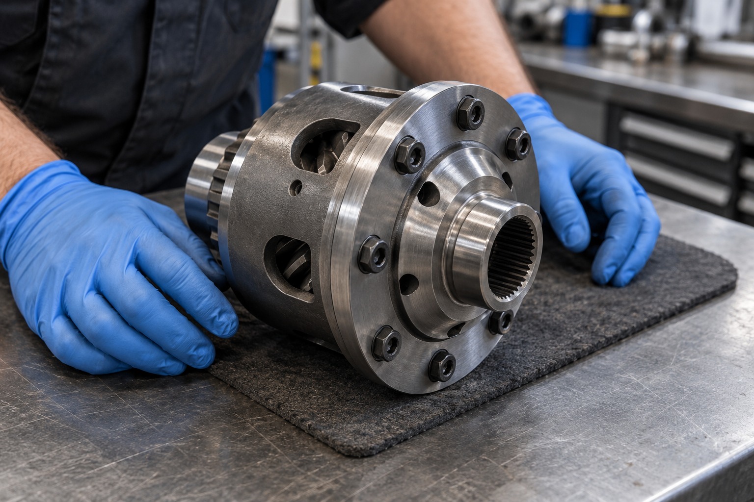 A technician inspecting a machined differential carrier on a padded workshop bench.