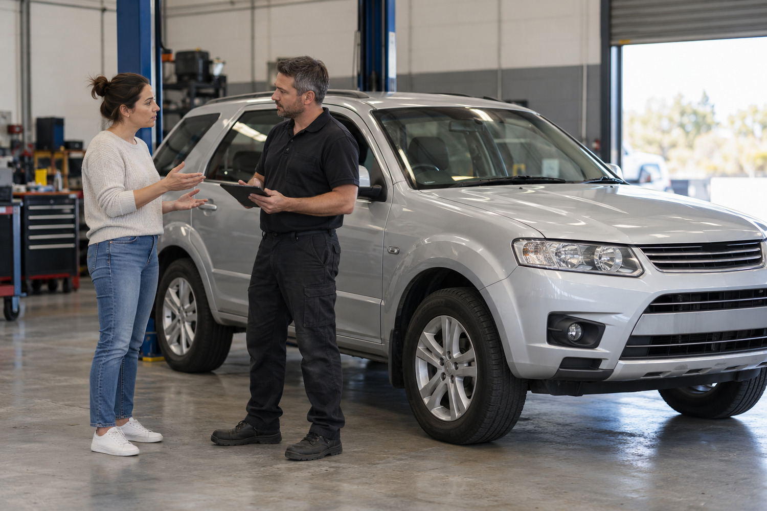 Vehicle owner describes a noise concern to a technician beside a stationary SUV in a workshop.