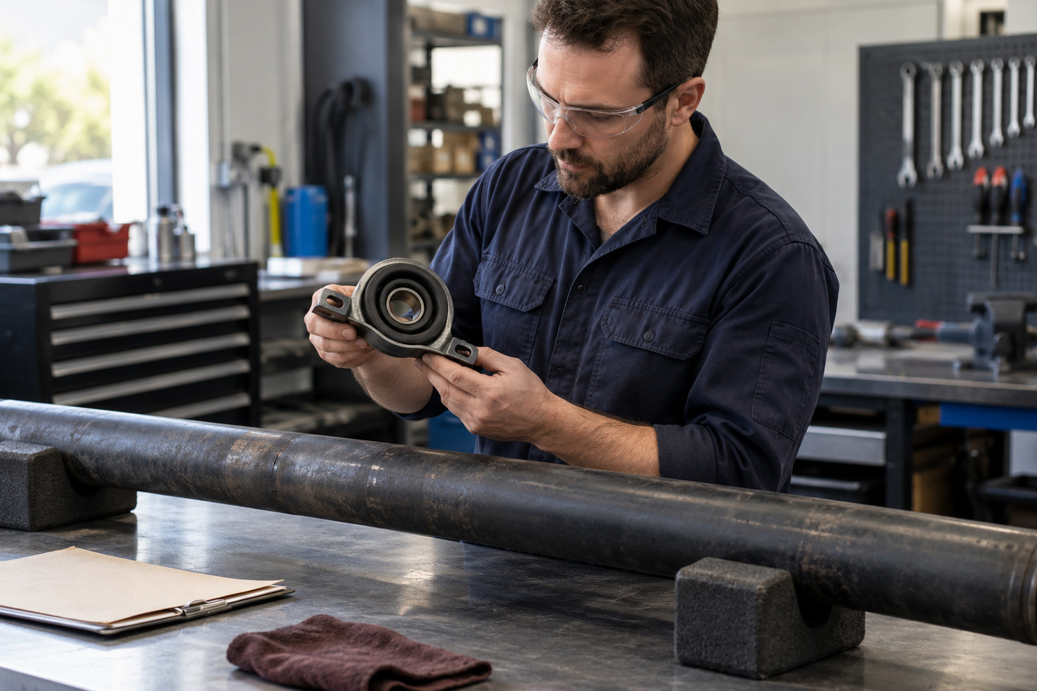 Technician examines a removed centre support bearing beside a supported tailshaft tube.